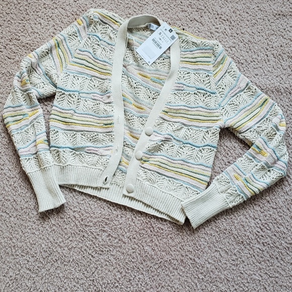 NWT Zara Adorable Knit Pointelle Cardigan Jacket Sweater Pastel and Cutouts - Picture 2 of 16